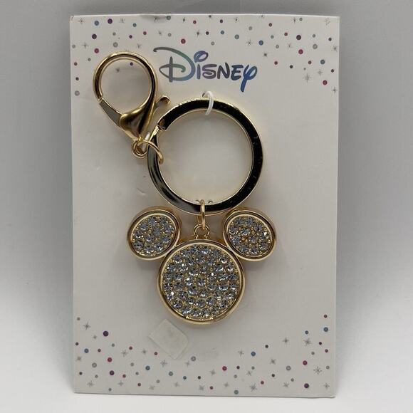 Disney Mickey Mouse Crystal Keychain Gold Rhinestone Bag Charm Sparkly Bling - Picture 1 of 4